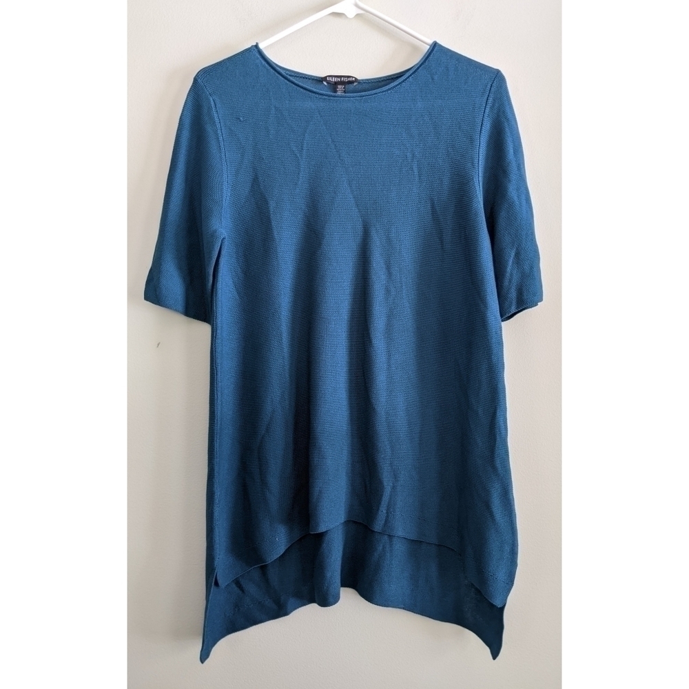 Eileen Fisher Blue Tencell Shark Bite Hem Top Size Small